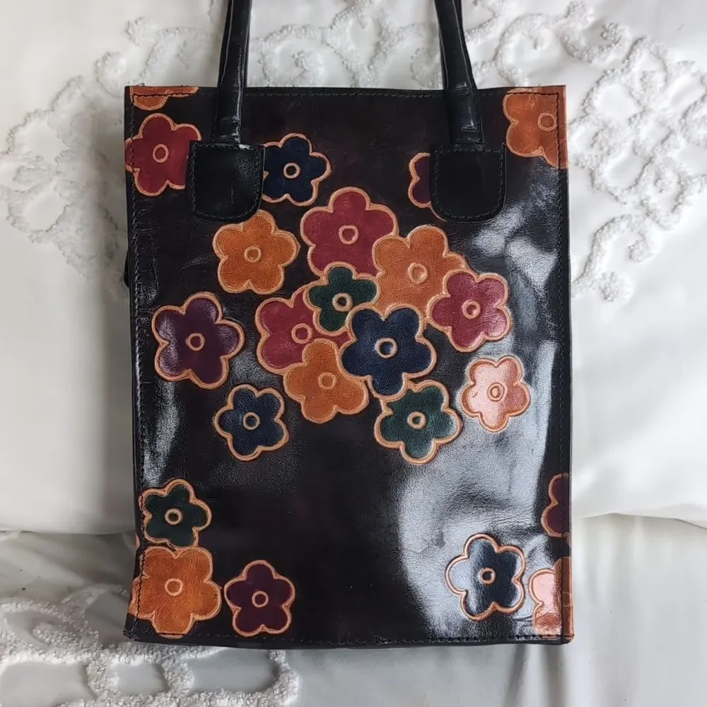100% Genuine Leather Plum Colored 🏵️Flower Power -Vintage Leather Handbag/Tote